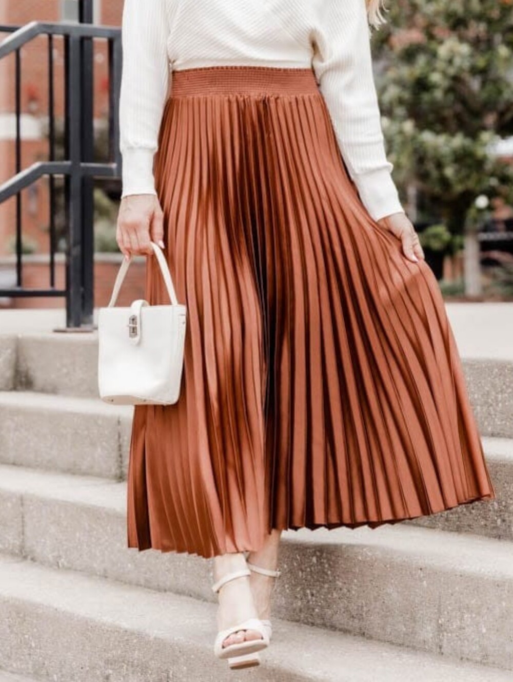 Copper Metallic Pleated Midi Skirt